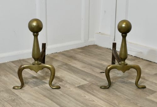 A Chunky Pair of French 19th Century Brass Andirons or Fire Dogs