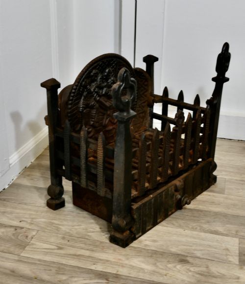 GOTHIC STYLE FREE STANDING FIRE BASKET WITH DECORATIVE BACK AND ASH PAN - ADDITIONAL PHOTO 3