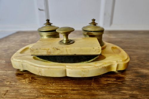 FRENCH BRASS AND MARBLE DESK INKWELL STAND - ADDITIONAL PHOTO 1
