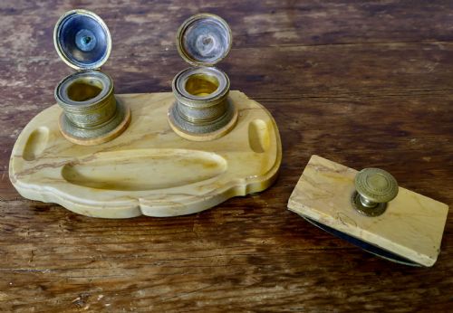 FRENCH BRASS AND MARBLE DESK INKWELL STAND - ADDITIONAL PHOTO 3