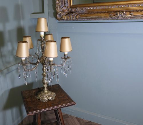 FRENCH BRASS AND CRYSTAL 6 BRANCH CHANDELIER TABLE LAMP GIRANDOLE - ADDITIONAL PHOTO 5