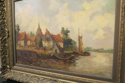 19TH CENTURY OIL PAINTING SIGNED WVDIJK VILLAGE FROM THE WATER - ADDITIONAL PHOTO 3