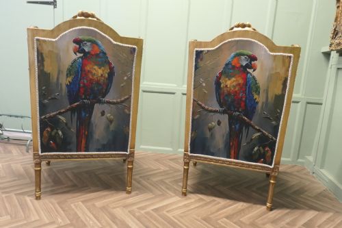 A PAIR OF SALON CHAIRS WITH SILK PARROT DESIGN - ADDITIONAL PHOTO 1