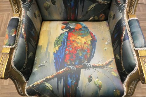 A PAIR OF SALON CHAIRS WITH SILK PARROT DESIGN - ADDITIONAL PHOTO 3