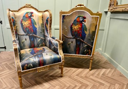 A PAIR OF SALON CHAIRS WITH SILK PARROT DESIGN - ADDITIONAL PHOTO 4