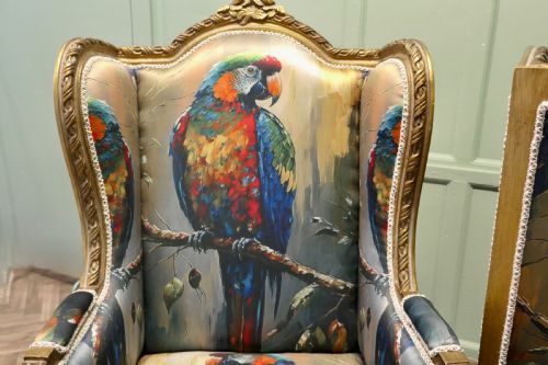 A PAIR OF SALON CHAIRS WITH SILK PARROT DESIGN - ADDITIONAL PHOTO 5