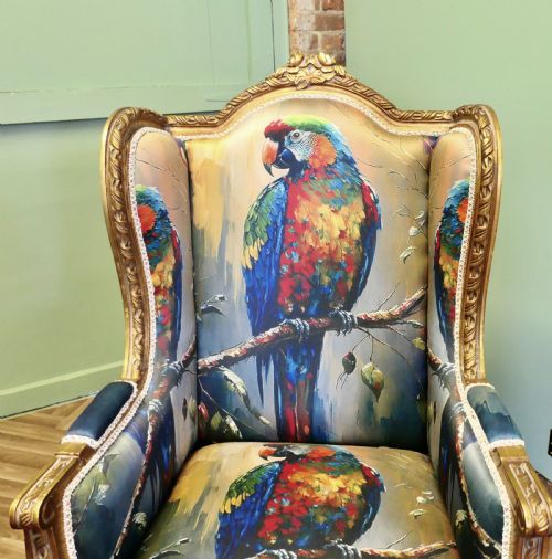 A PAIR OF SALON CHAIRS WITH SILK PARROT DESIGN - ADDITIONAL PHOTO 6