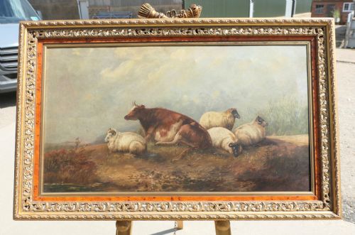 Large Unsigned Victorian Oil Painting, of a Cow and Sheep