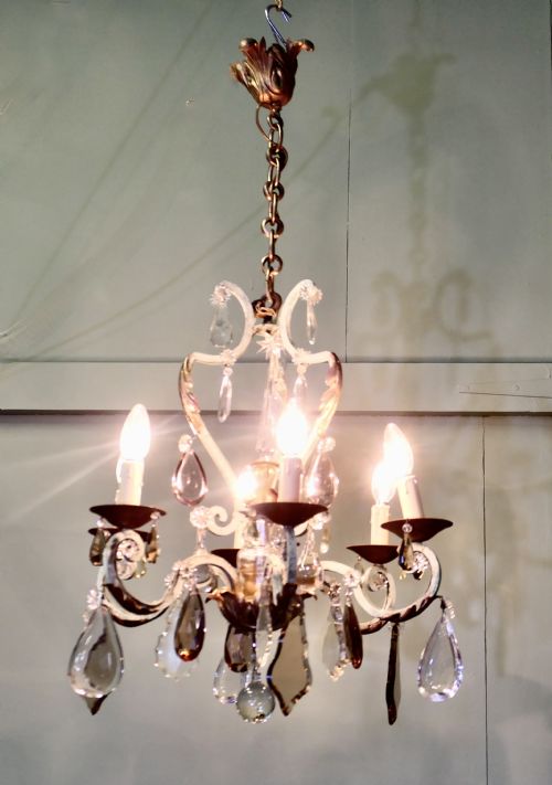 STUNNING FRENCH IRON AND COLOURED GLASS CHANDELIER - ADDITIONAL PHOTO 1