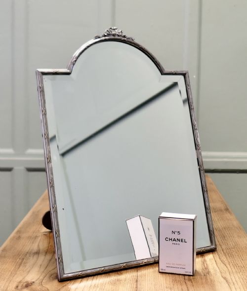 LARGE FRENCH ART DECO SILVER TOILET OR VANITY MIRROR - ADDITIONAL PHOTO 3