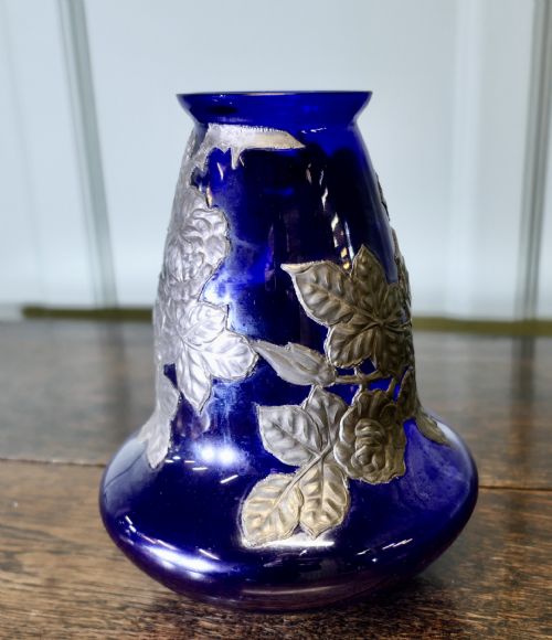 ART NOUVEAU COBALT BLUE VASE WITH PEWTER OVERLAY - ADDITIONAL PHOTO 1