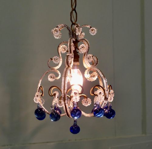 FRENCH WHITE AND COBALT CRYSTAL CHANDELIER LIGHT FITTING - ADDITIONAL PHOTO 1