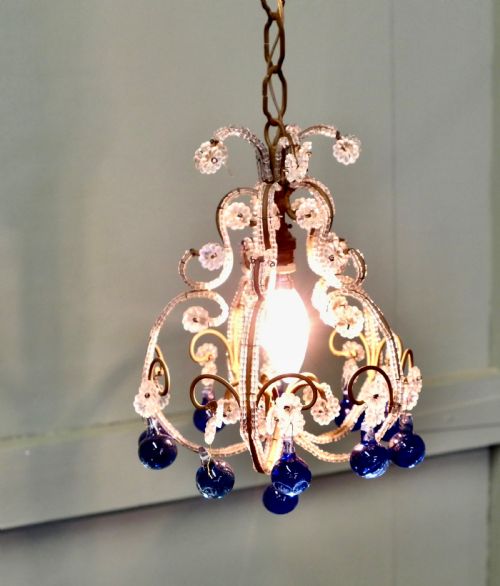 FRENCH WHITE AND COBALT CRYSTAL CHANDELIER LIGHT FITTING - ADDITIONAL PHOTO 3