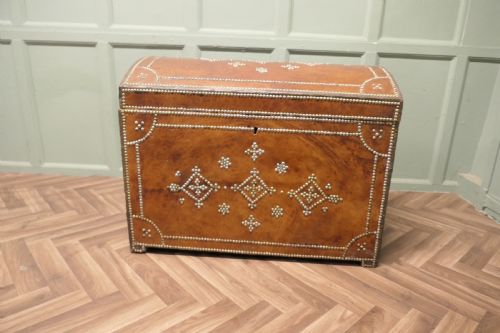 French Country House Chic Leather and Brass Bound Chest