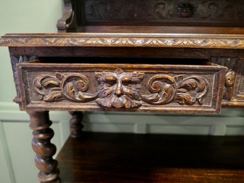 A SUPERBLY CARVED GREEN MAN OAK SIDE BOARD OR BUFFET - ADDITIONAL PHOTO 2