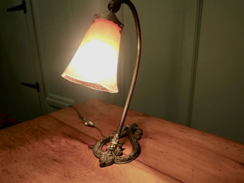 FRENCH BRASS BACCHUS TABLE LAMP WITH OPALINE GLASS SHADE - ADDITIONAL PHOTO 1