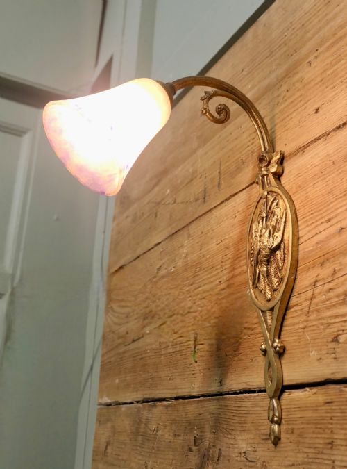 FRENCH BRASS WALL LIGHT WITH ORIGINAL DUGU GLASS SHADE - ADDITIONAL PHOTO 1