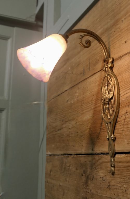 FRENCH BRASS WALL LIGHT WITH ORIGINAL DUGU GLASS SHADE - ADDITIONAL PHOTO 5
