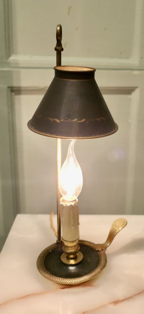 FRENCH GREEN AND GOLD TOLEWARE AND BRASS CANDLE LAMP - ADDITIONAL PHOTO 1