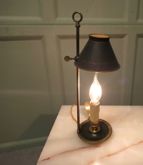 FRENCH GREEN AND GOLD TOLEWARE AND BRASS CANDLE LAMP - ADDITIONAL PHOTO 2