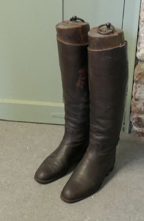 Pair of French Gentleman’s Antique Leather Riding Boots With Wooden Trees