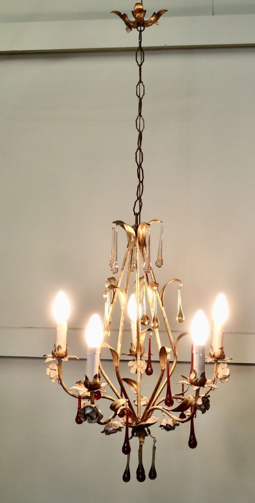 FRENCH CHANDELIER HUNG WITH COLOURED CRYSTAL TEARDROPS - ADDITIONAL PHOTO 1