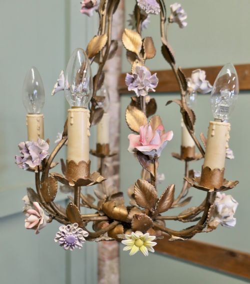 FRENCH GILT TOLEWARE AND FLORAL CERAMIC 6 BRANCH CHANDELIER - ADDITIONAL PHOTO 1