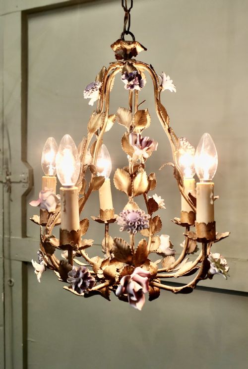 FRENCH GILT TOLEWARE AND FLORAL CERAMIC 6 BRANCH CHANDELIER - ADDITIONAL PHOTO 3