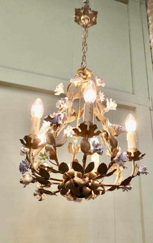 FRENCH GILT TOLEWARE AND FLORAL CERAMIC 6 BRANCH CHANDELIER - ADDITIONAL PHOTO 5