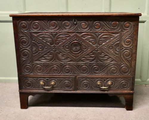 COTTAGE SIZE GREEN MAN CARVED OAK MULE CHEST - ADDITIONAL PHOTO 1