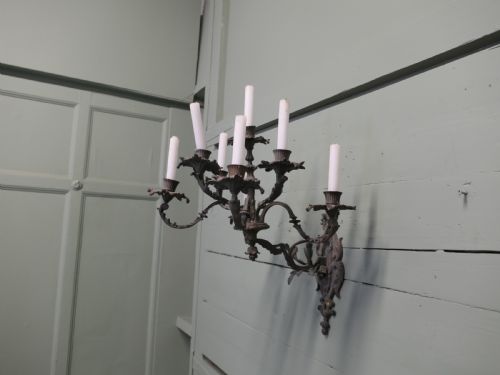 A SUPERB 7 ARM GOTHIC BRONZE WALL SCONCE