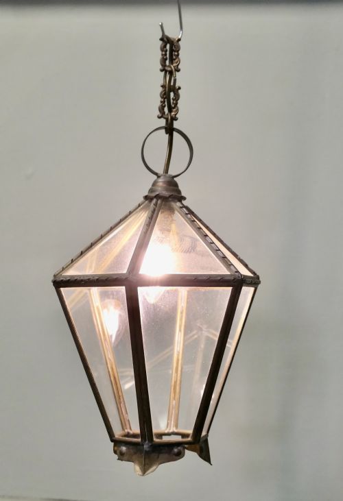 ARTS AND CRAFTS BRASS GLASS HALL LANTERN