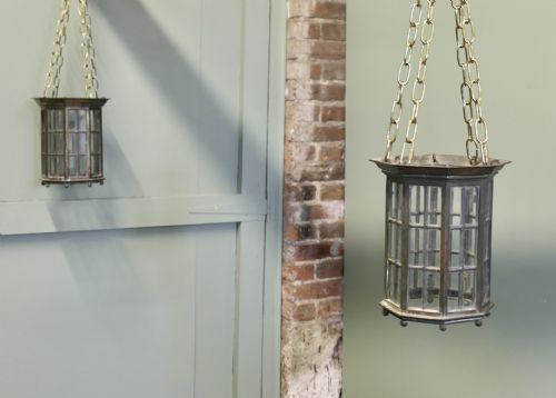 A PAIR OF 19TH CENTURY BRONZE LANTERN CEILING LIGHT SHADES