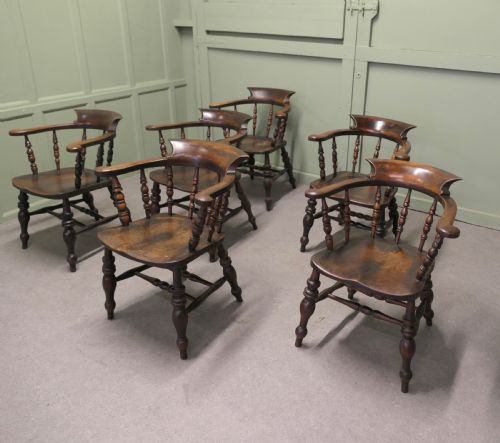 Set of 6 English Oak and Elm Captain’s Chairs, Windsor Chairs