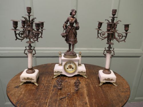 19TH CENTURY FRENCH SIGNED BRONZE CLOCK AND GARNITURE