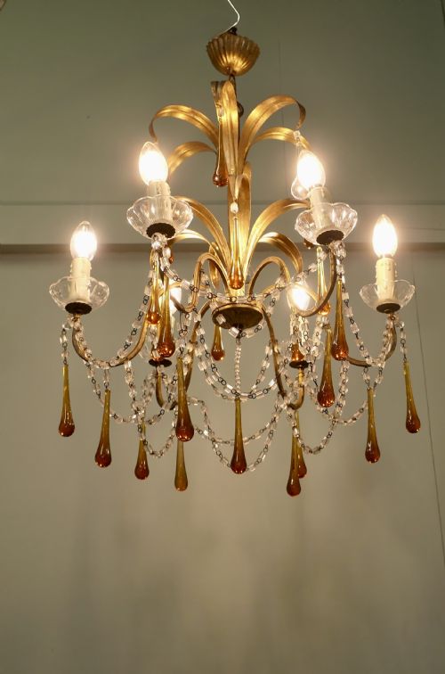 FRENCH GILT TOLEWEAR CHANDELIER HUNG WITH AMBER CRYSTAL TEARDROPS - ADDITIONAL PHOTO 1