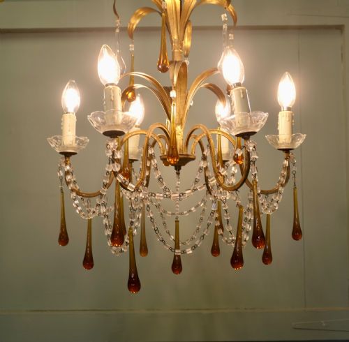 FRENCH GILT TOLEWEAR CHANDELIER HUNG WITH AMBER CRYSTAL TEARDROPS - ADDITIONAL PHOTO 3