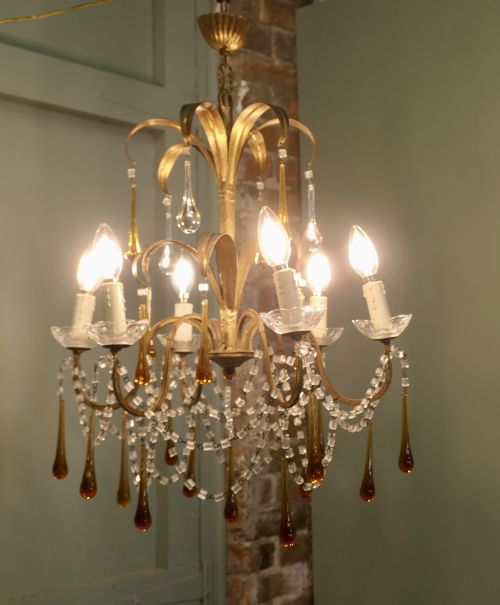 FRENCH GILT TOLEWEAR CHANDELIER HUNG WITH AMBER CRYSTAL TEARDROPS - ADDITIONAL PHOTO 4
