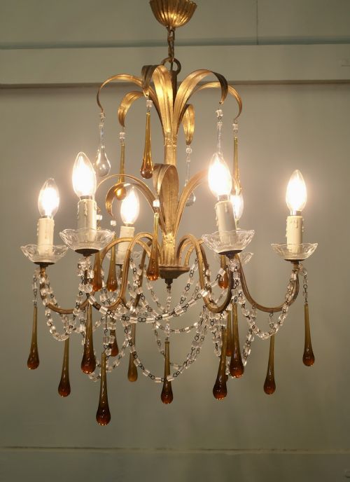FRENCH GILT TOLEWEAR CHANDELIER HUNG WITH AMBER CRYSTAL TEARDROPS - ADDITIONAL PHOTO 5