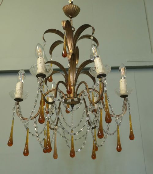 FRENCH GILT TOLEWEAR CHANDELIER HUNG WITH AMBER CRYSTAL TEARDROPS - ADDITIONAL PHOTO 6