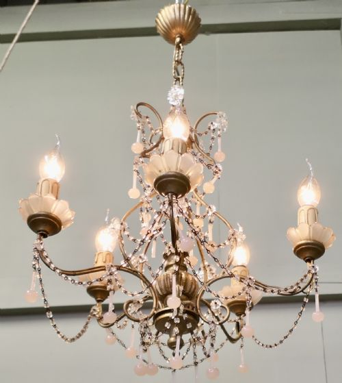 6 BRANCH PINK VENETIAN ART DECO CHANDELIER