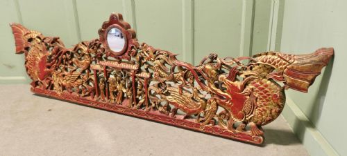 LARGE ORIENTAL CARVED CHINOISERIE DECORATIVE TEMPLE PEDIMENT - ADDITIONAL PHOTO 3
