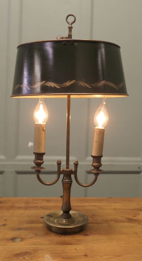 Green Toleware and Brass Twin Bouillotte Desk Lamp from France