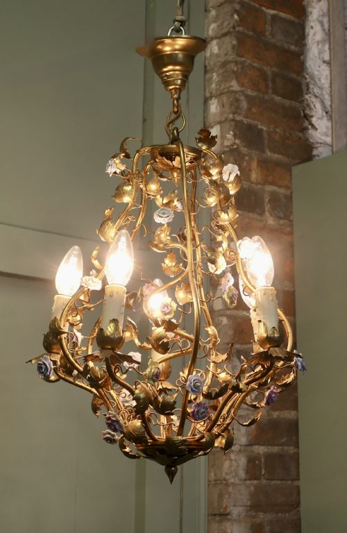 French Tolewear Gilt and Ceramic Flower 5 Bulb Chandelier