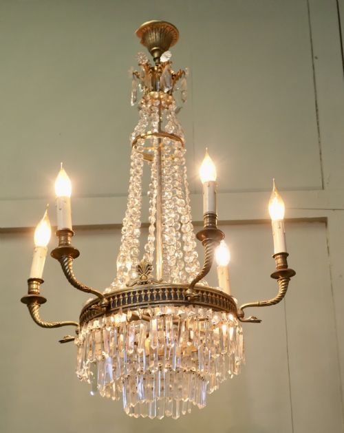 A Large 6 Branch French Empire Tent and Waterfall Chandelier