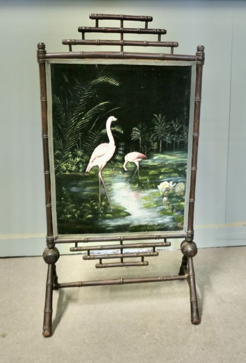 Black Lacquer Oriental Fire Screen, Painted with Flamingos