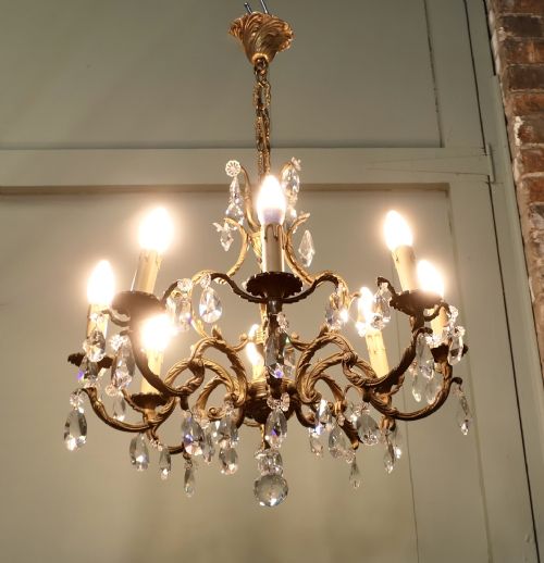 Large French Brass Chandelier, Hung with Crystal Lustres