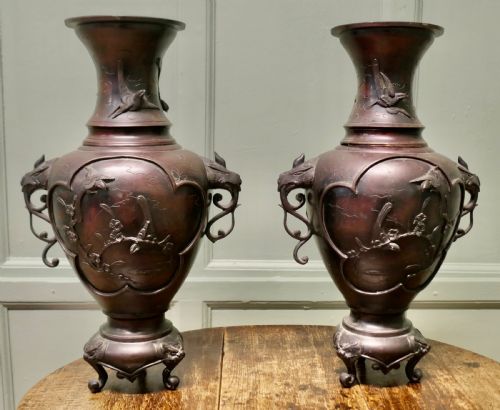 A Pair of Large Japanese Bronze Vases, Meiji Period.