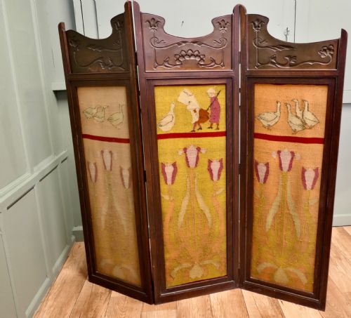 Art Nouveau Copper & Oak 3 Fold Screen Naive Wool Panels
