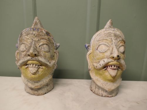 2 Large Antique Indian Terracotta Tent Pole Tops